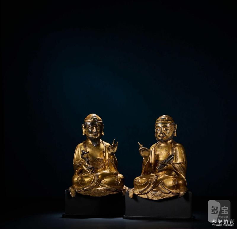 元末明初 铜鎏金男相文殊普贤菩萨坐像（一组两尊） - 图2